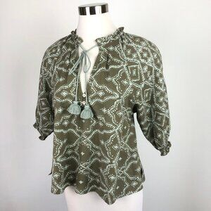 Omika NWOT Batik Linen Blend Peasant Blouse Handmade India Tassel XS Runs Larger
